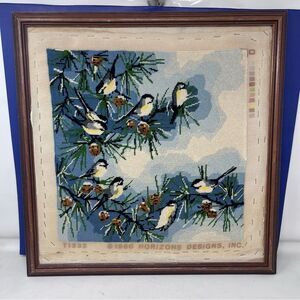 1980 Wood Framed Chickadee  Needlepoint Art (no glass)